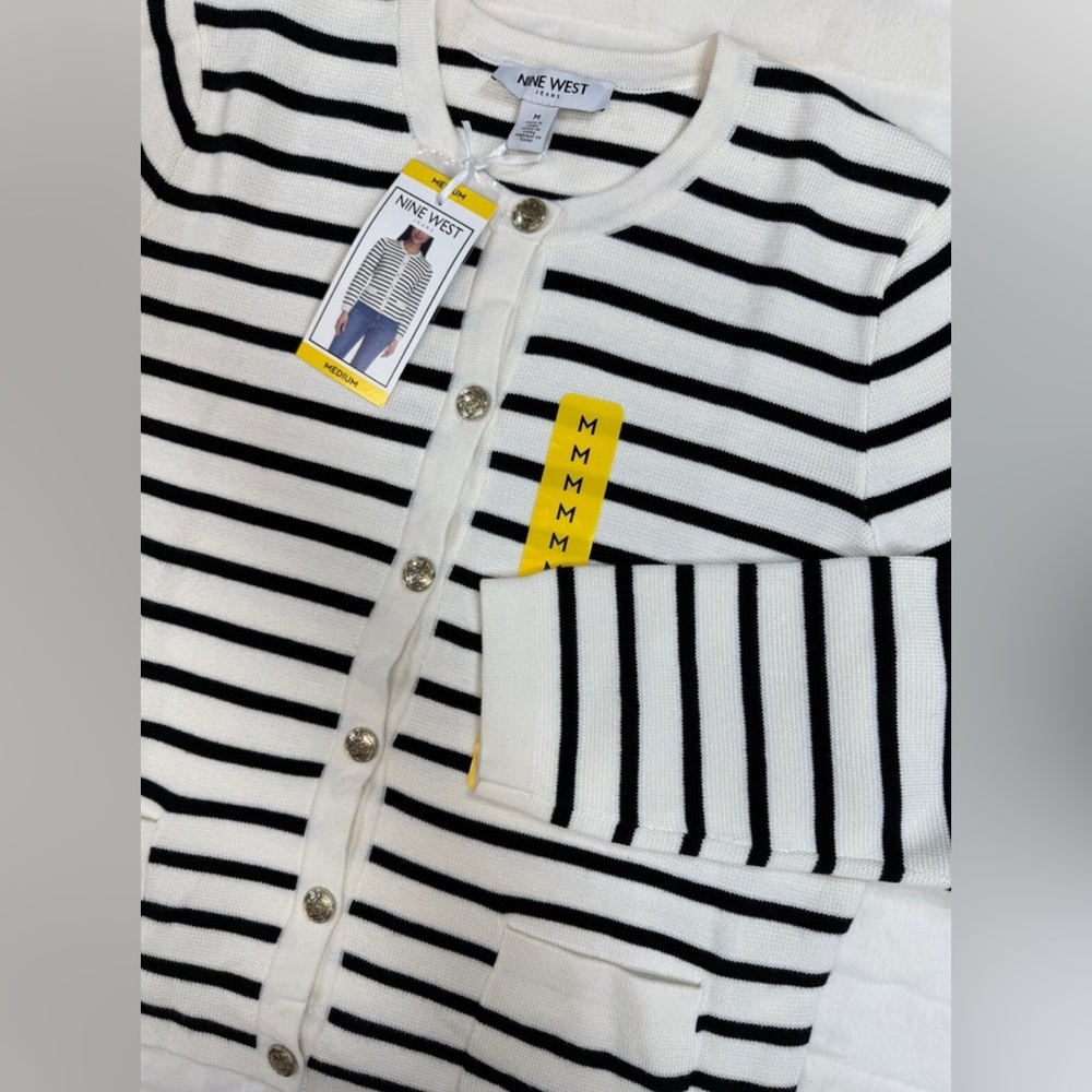 Nine West Cardigan NWT Cropped Sweater Womens Med Black White Stripe Relaxed New